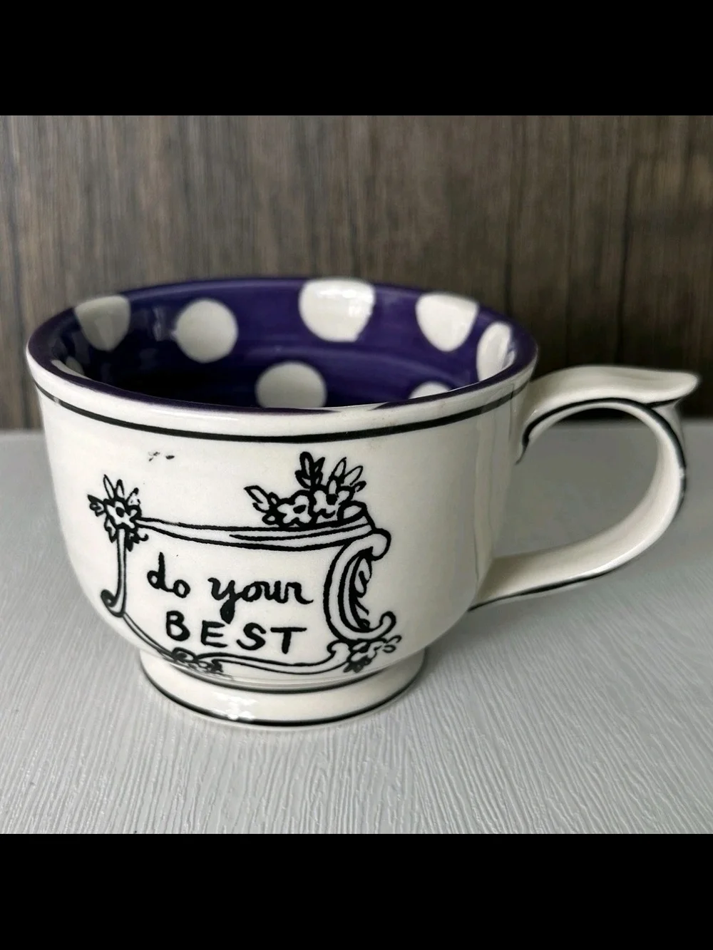 White Ceramic 'Do Your Best' Mug with Purple Polka Dot Interior